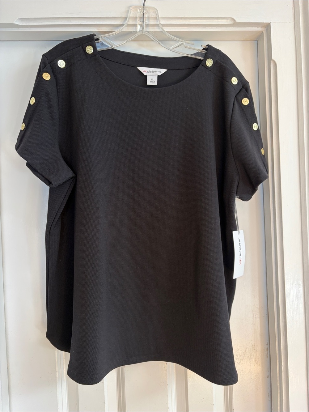 Liz Claiborne Black Short Sleeve Top with Gold Buttons